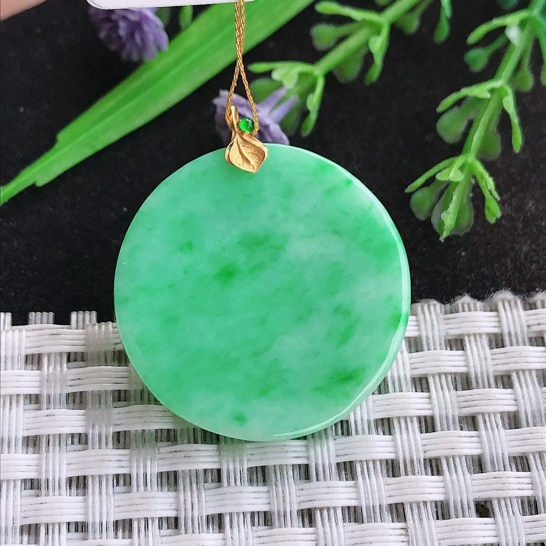 天然a货翡翠28/4.1老坑18k金镶嵌满绿无事牌吊坠翡翠圆牌挂件