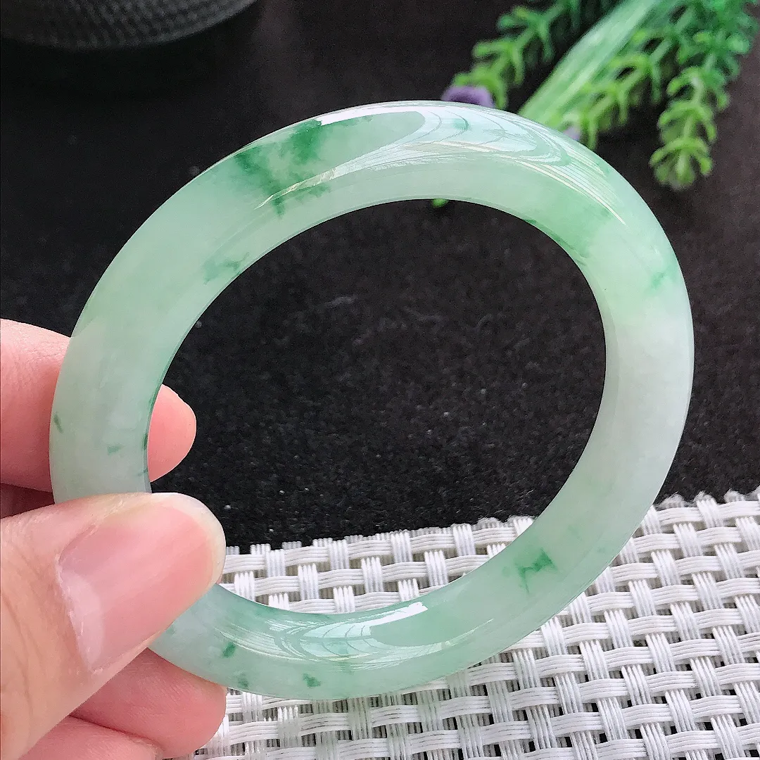 天然A货翡翠52.5/9.9/9.6老坑冰胶果冻飘花圆条手镯小圈口玉手镯