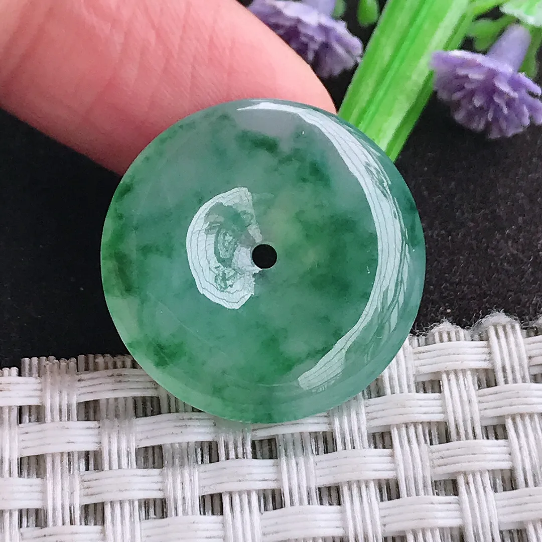 天然a货翡翠23.6/4.6老坑冰种果冻胶满色飘花平安扣吊坠小扣子挂件