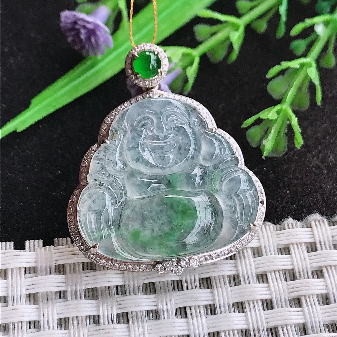 天然a货翡翠34/29/8.5老坑18k金镶嵌冰种飘绿佛公吊坠翡翠玉佛挂件