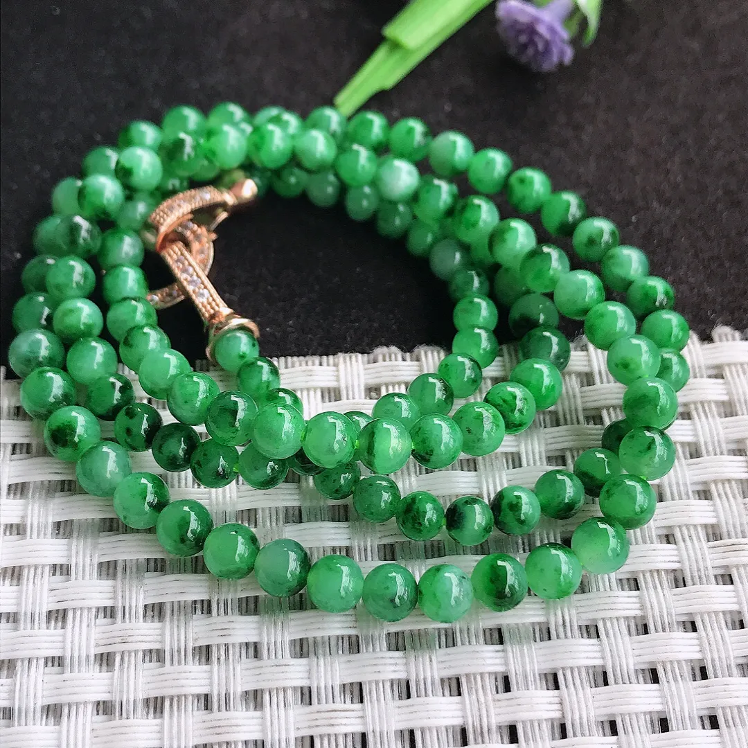 天然a货翡翠5/11.8颗老坑精美冰润辣阳绿满绿圆珠项链翡翠玉珠手链