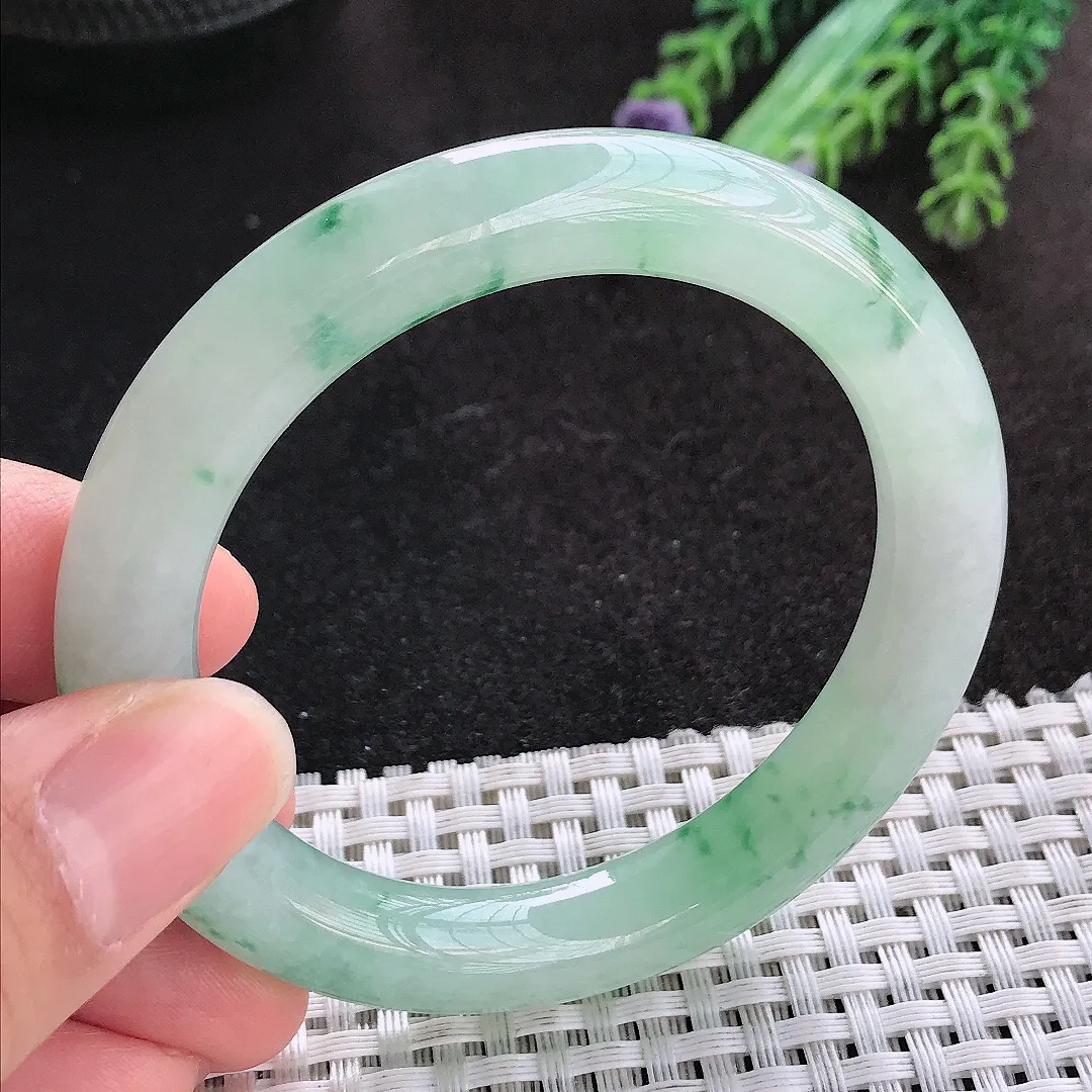 天然A货翡翠52.5/9.9/9.6老坑冰胶果冻飘花圆条手镯小圈口玉手镯