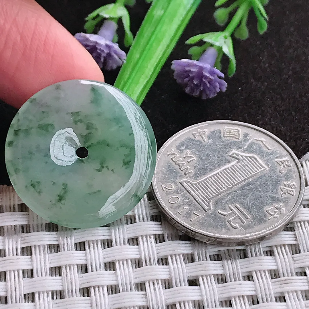 天然a货翡翠24.2/4.2老坑冰润果冻胶飘花小平安扣吊坠翡翠玉挂件