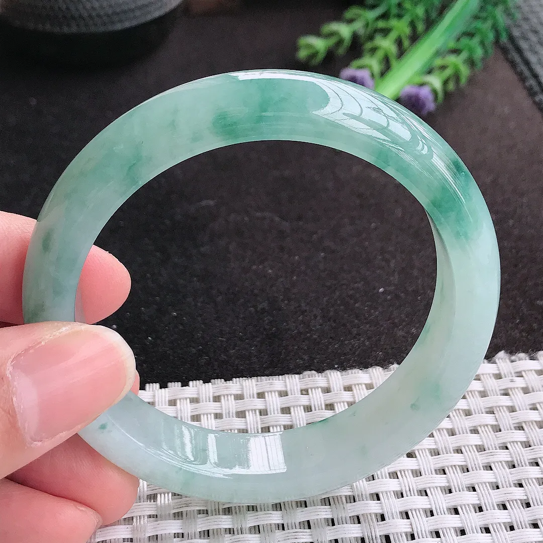 天然A货翡翠56.5/12.8/8.3老坑冰胶果冻冰飘花手镯宽边玉手镯