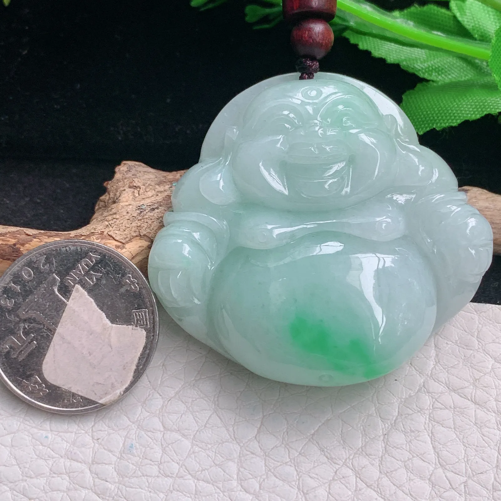 zen自然光45.8*50*13天然缅甸翡翠飘绿大佛公 开心佛玉吊坠 玉挂件
