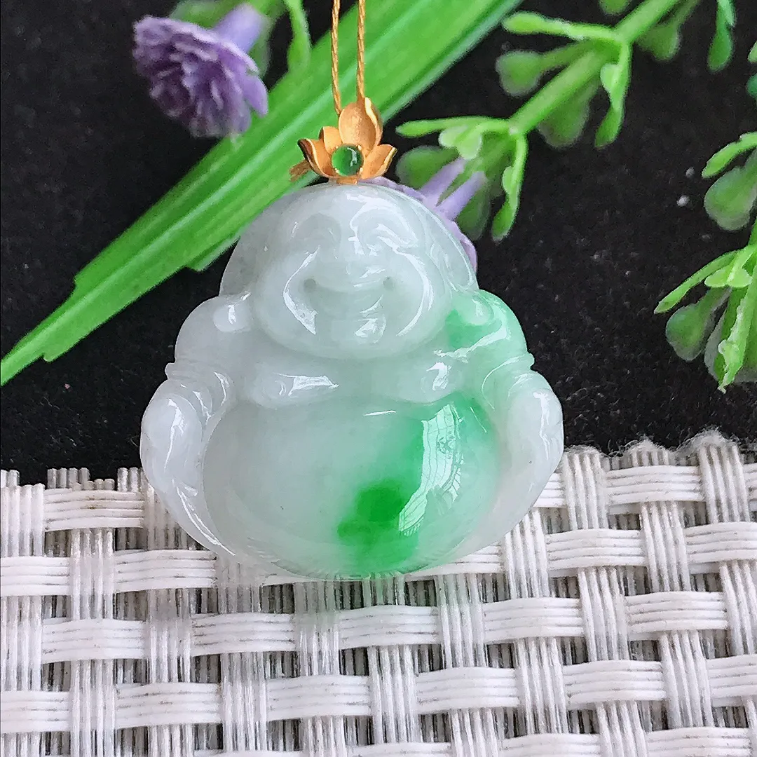 天然a货翡翠22.8/24.3/5.5老坑18k金镶嵌白底青飘阳绿佛公吊坠翡翠玉挂件