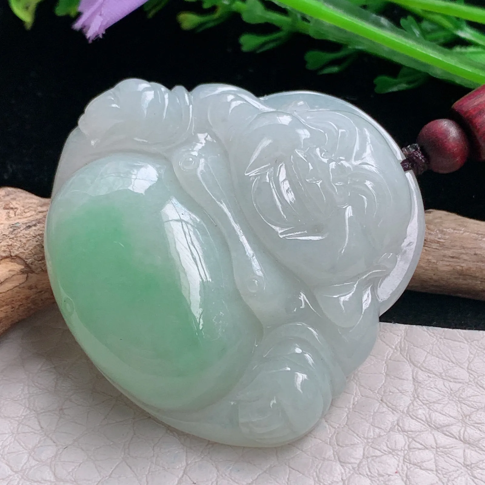 zen自然光44*47*11天然缅甸翡翠飘绿佛公 弥勒佛玉吊坠 玉挂件