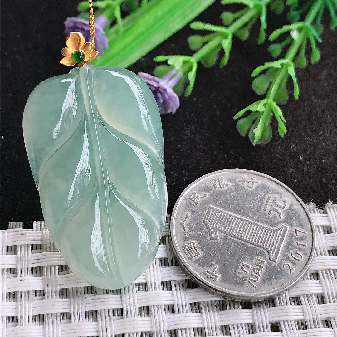 天然a货翡翠36.6/22.5/5.2老坑18k金镶嵌冰晴绿叶子吊坠翡翠玉挂件