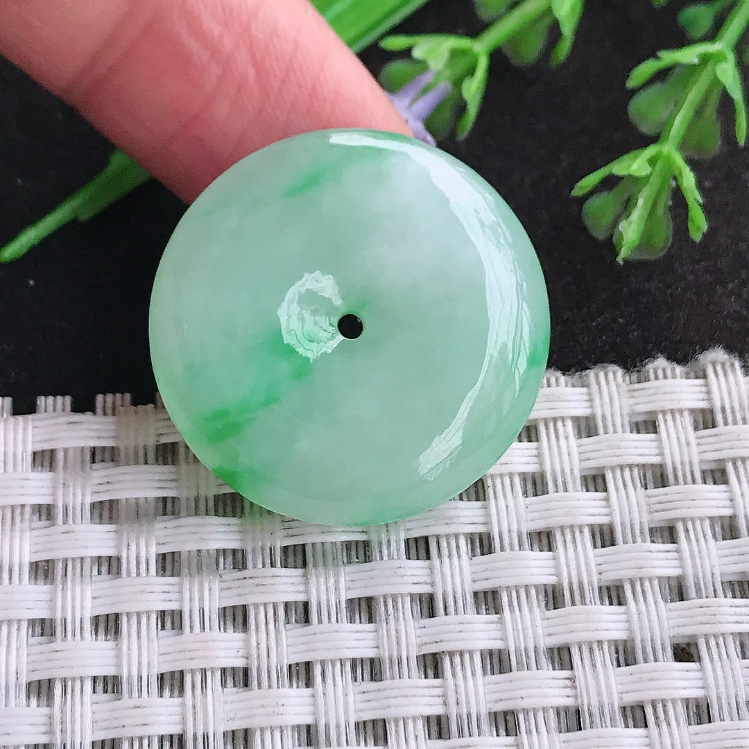 天然a货翡翠26.6/6.9老坑冰胶飘阳绿平安扣吊坠翡翠玉扣挂件