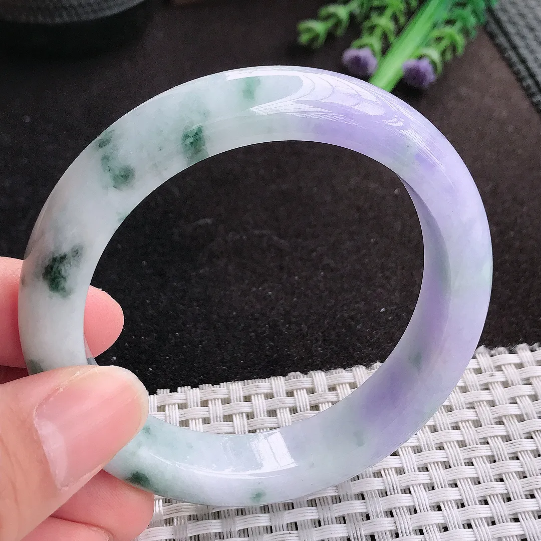 天然A货翡翠57.5/12.7/9老坑精美温润紫罗兰飘花手镯宽边玉手镯