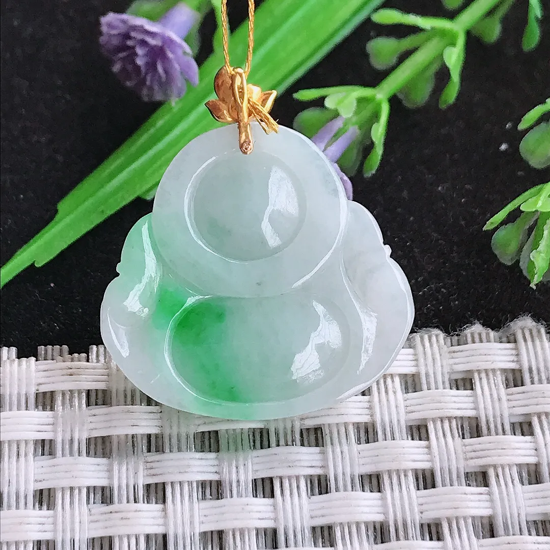 天然a货翡翠22.8/24.3/5.5老坑18k金镶嵌白底青飘阳绿佛公吊坠翡翠玉挂件