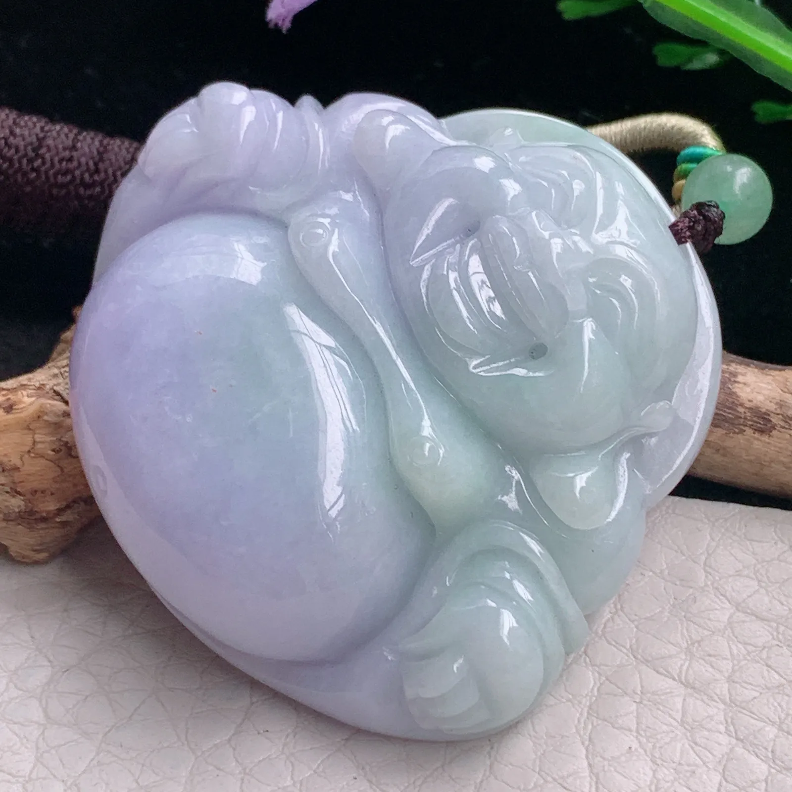 zen自然光46*51*12.3天然缅甸翡翠春带彩大佛公 弥勒佛玉吊坠 玉挂件