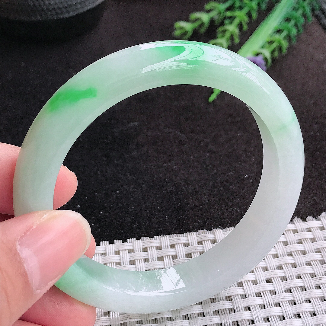 天然A货翡翠55.8/11.2/8.6老坑冰润起胶飘阳绿手镯宽边玉手镯