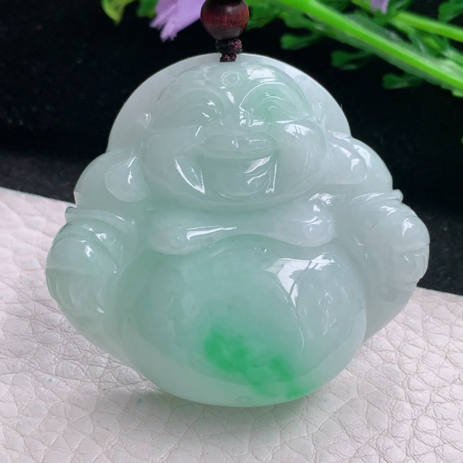 zen自然光45.8*50*13天然缅甸翡翠飘绿大佛公 开心佛玉吊坠 玉挂件