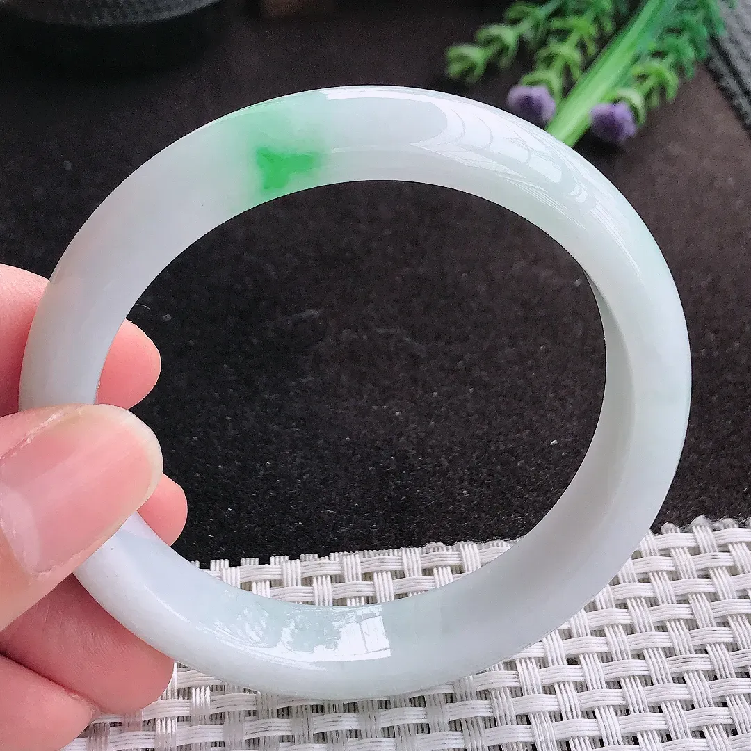 天然A货翡翠60/12.8/8.3老坑冰润水灵飘阳绿手镯宽边玉手镯