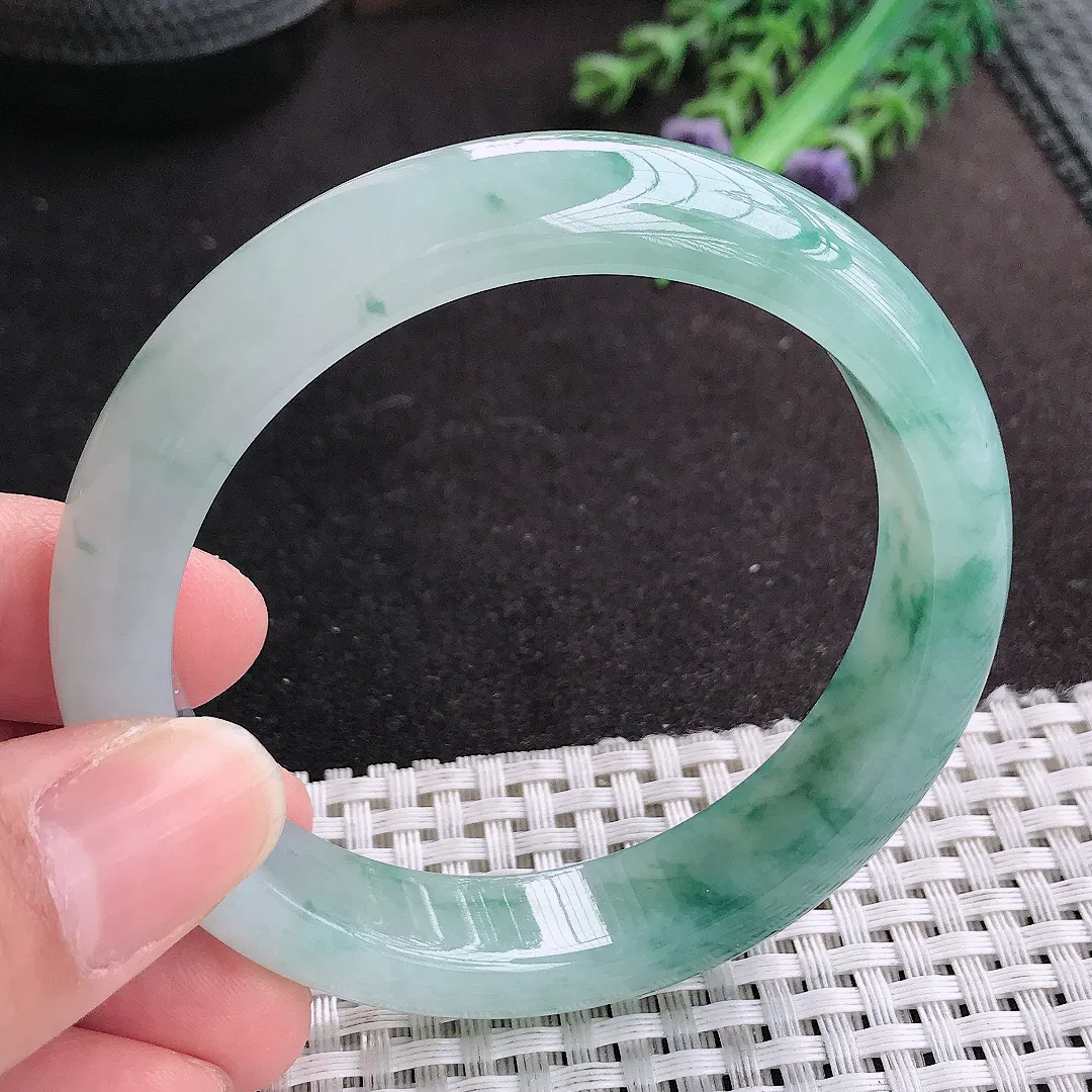 天然A货翡翠56.5/12.8/8.3老坑冰胶果冻冰飘花手镯宽边玉手镯