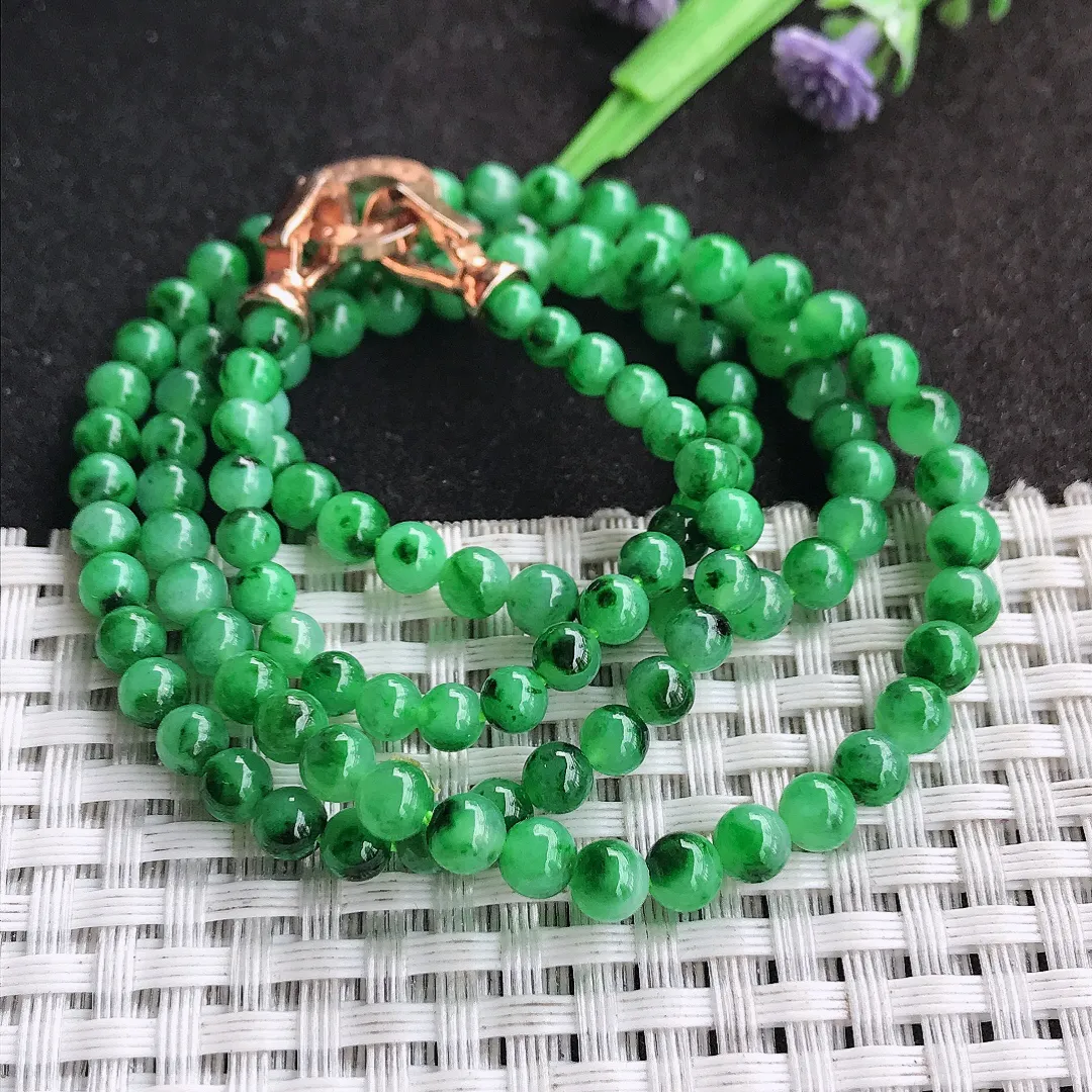 天然a货翡翠5/11.8颗老坑精美冰润辣阳绿满绿圆珠项链翡翠玉珠手链
