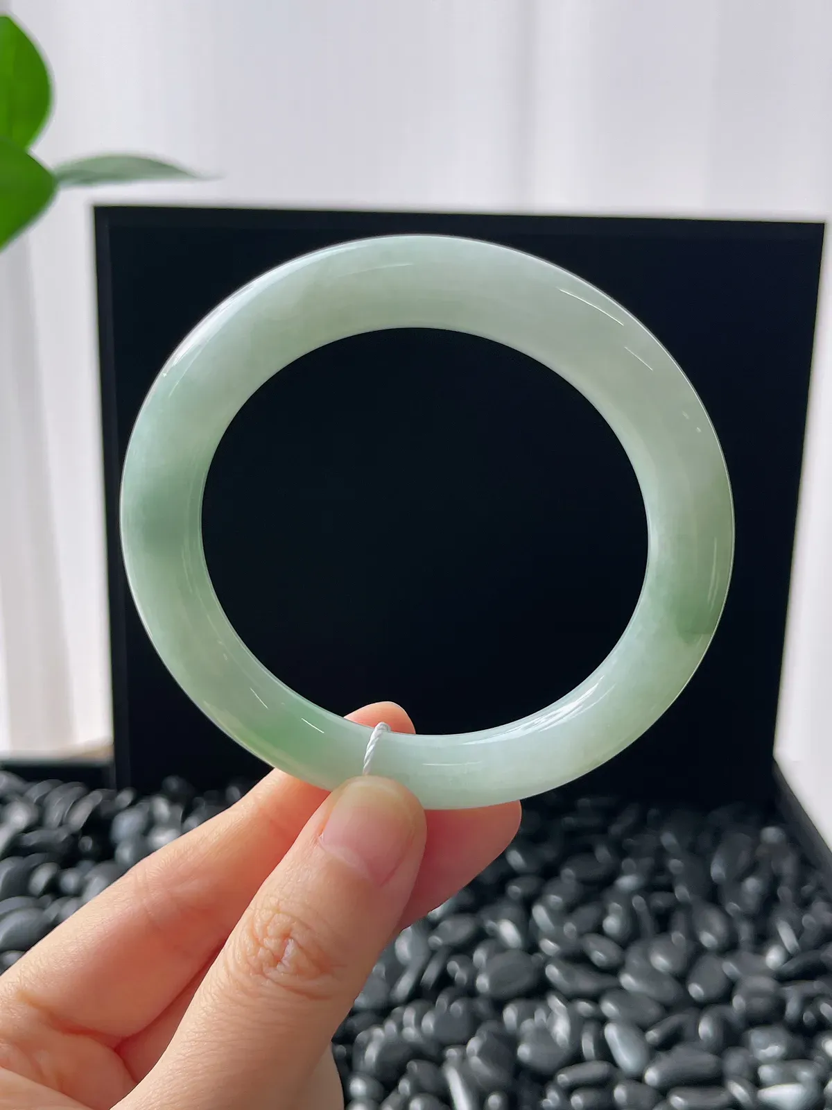 圆镯55圈口，翡翠糯化种浅绿色手镯