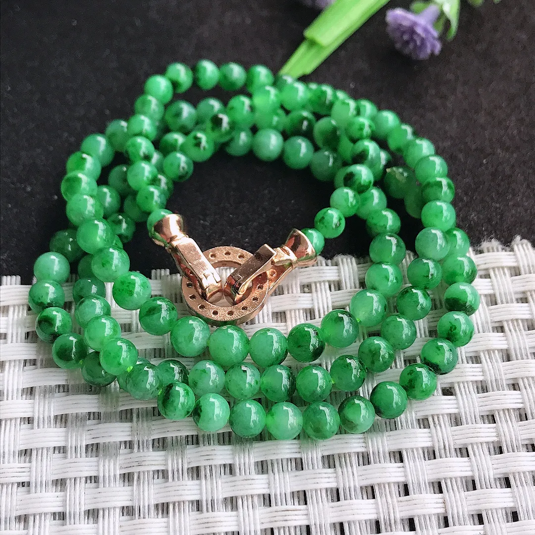 天然a货翡翠5/11.8颗老坑精美冰润辣阳绿满绿圆珠项链翡翠玉珠手链