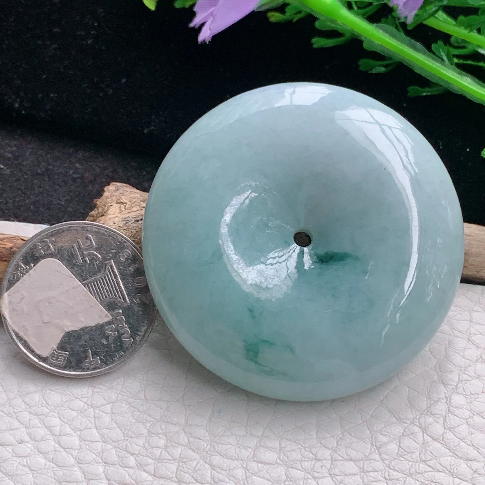 zen自然光51*13.6天然缅甸翡翠飘花饱满大平安扣 玉扣玉吊坠 玉挂件