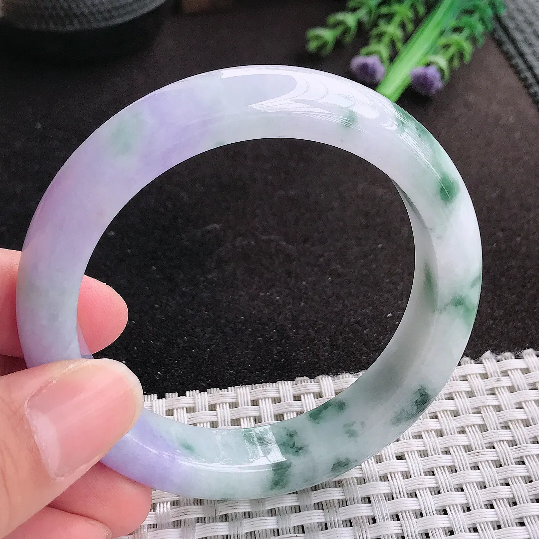 天然A货翡翠57.5/12.7/9老坑精美温润紫罗兰飘花手镯宽边玉手镯