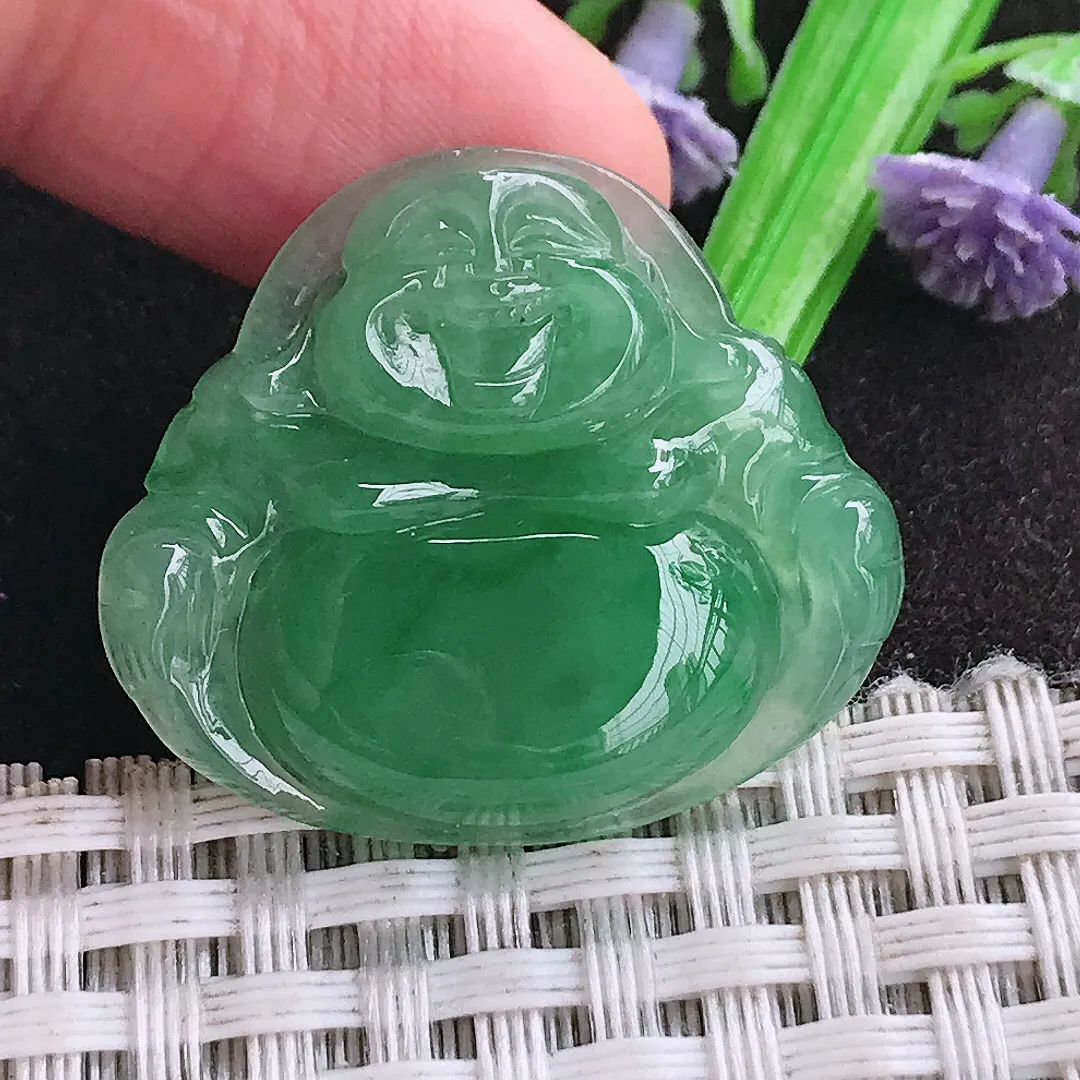 天然a货翡翠26.4/30.3/5.2老坑冰胶果冻甜绿满绿佛公吊坠翡翠玉挂件