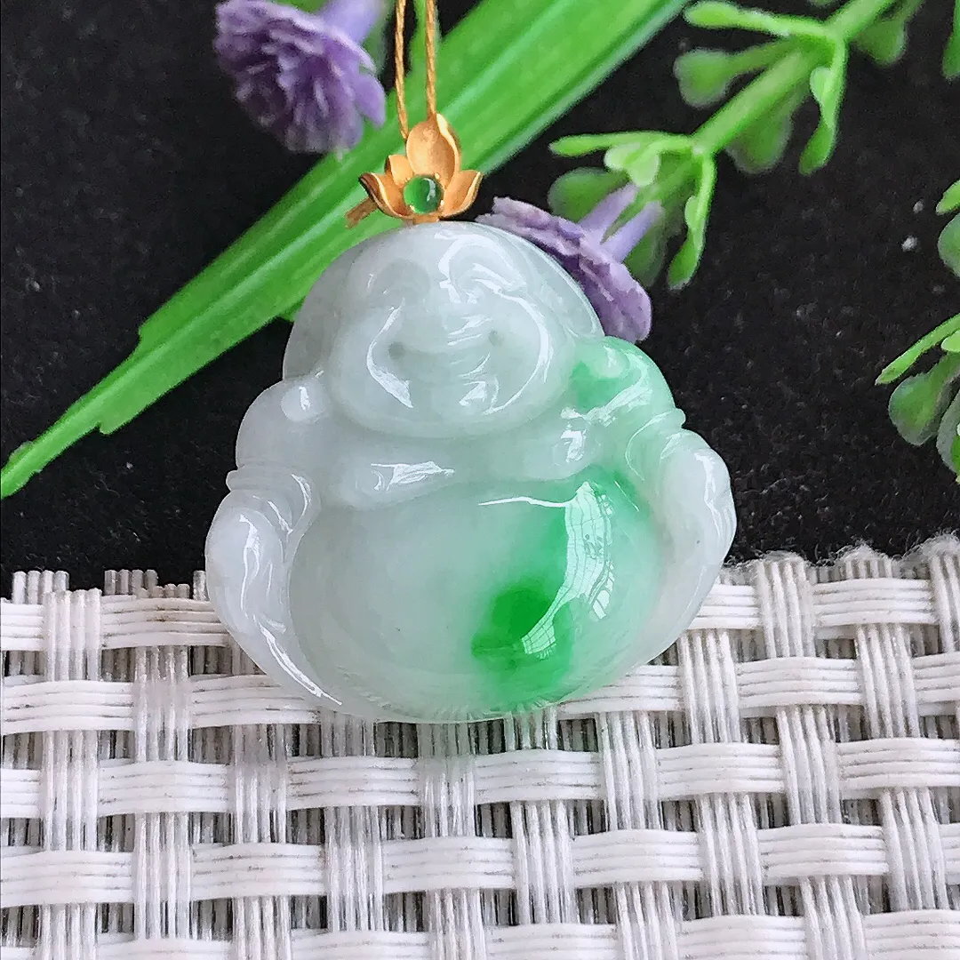 天然a货翡翠22.8/24.3/5.5老坑18k金镶嵌白底青飘阳绿佛公吊坠翡翠玉挂件