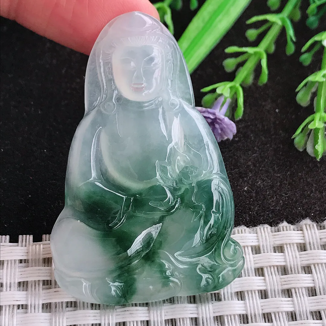 天然a货翡翠49/33/4.2老坑冰胶果冻冰飘花赐福观音吊坠翡翠玉挂件