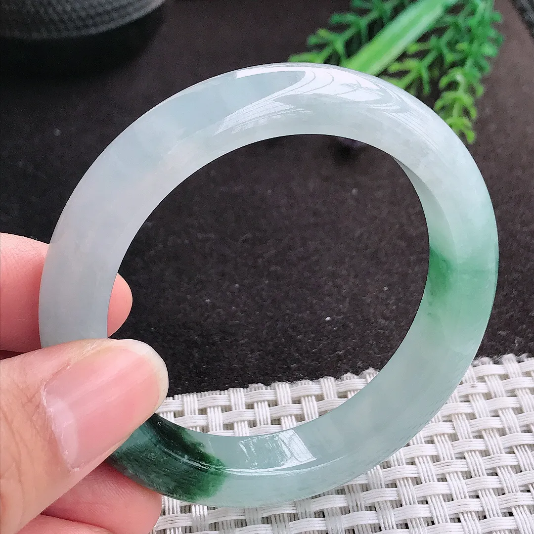 天然A货翡翠53.5/11.8/8.8老坑冰胶果冻冰飘花手镯宽边玉手镯