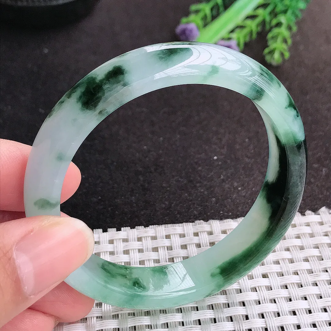天然A货翡翠55/12.7/7.6老坑冰胶果冻特色飘花手镯宽边玉手镯