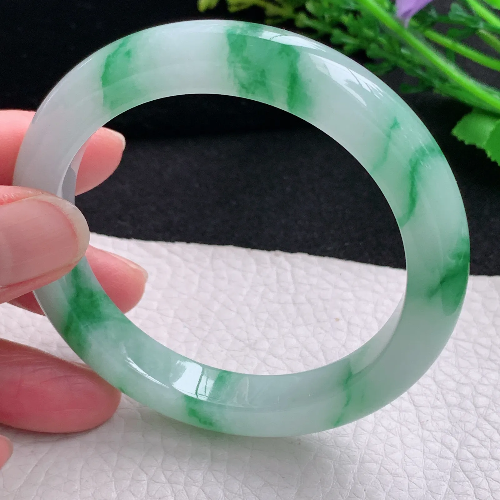 yh自然光57.5*10.5*9.2平安镯 缅甸翡翠a货玉手镯冰飘绿花宽边玉手环