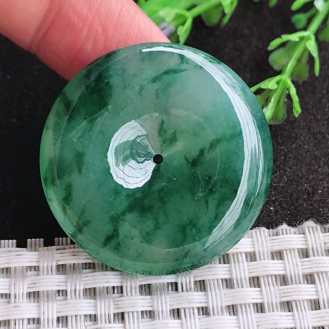 天然a货翡翠35/6.3老坑冰胶果冻冰飘花平安扣吊坠翡翠玉扣挂件