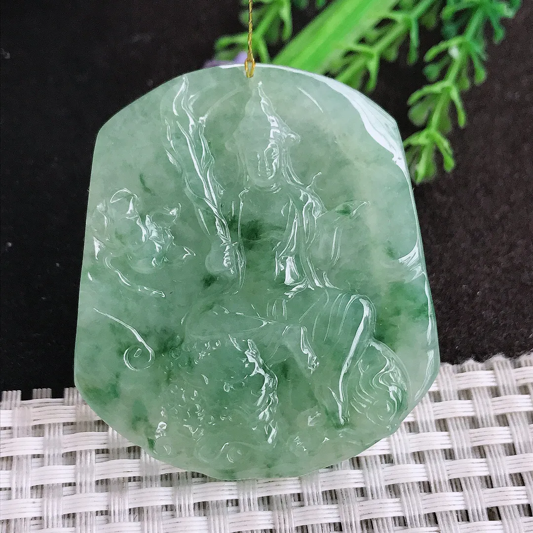 天然a货翡翠52.8/46/6.2老坑冰胶果冻冰晴绿文殊菩萨吊坠翡翠玉挂件
