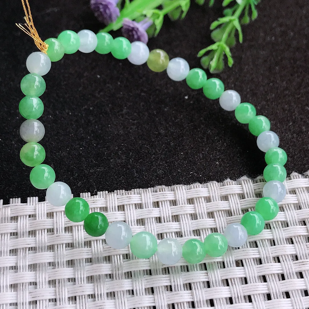 天然a货翡翠5.5/34颗老坑冰胶水灵飘阳绿圆珠手链小米珠手串