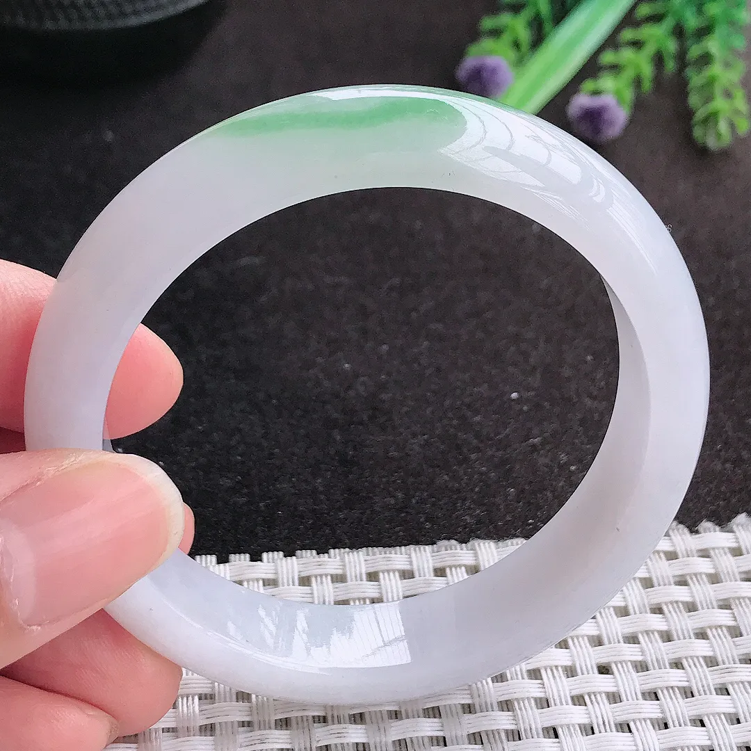 天然A货翡翠54.5/12.7/7.9老坑冰胶果冻飘绿手镯宽边玉手镯