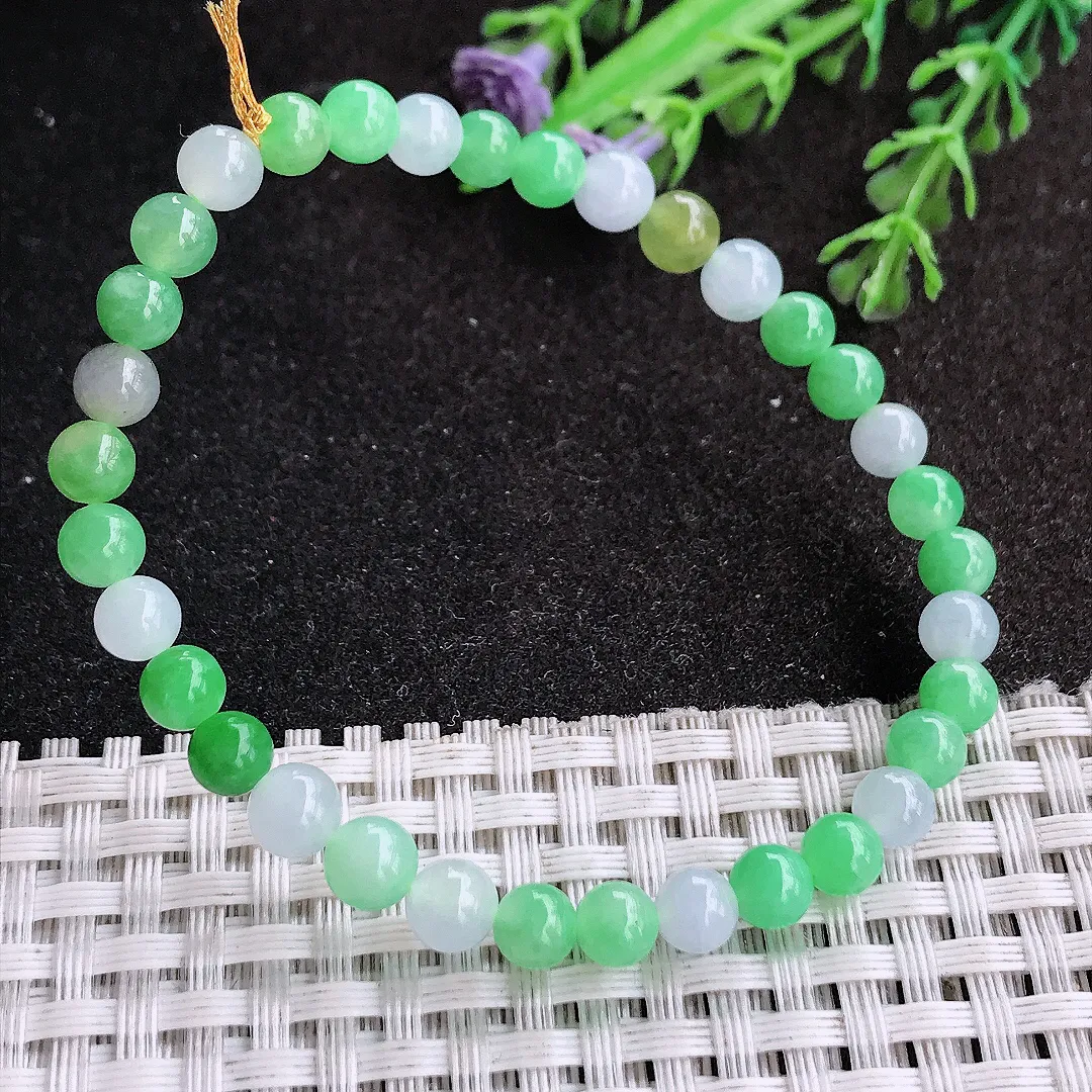 天然a货翡翠5.5/34颗老坑冰胶水灵飘阳绿圆珠手链小米珠手串