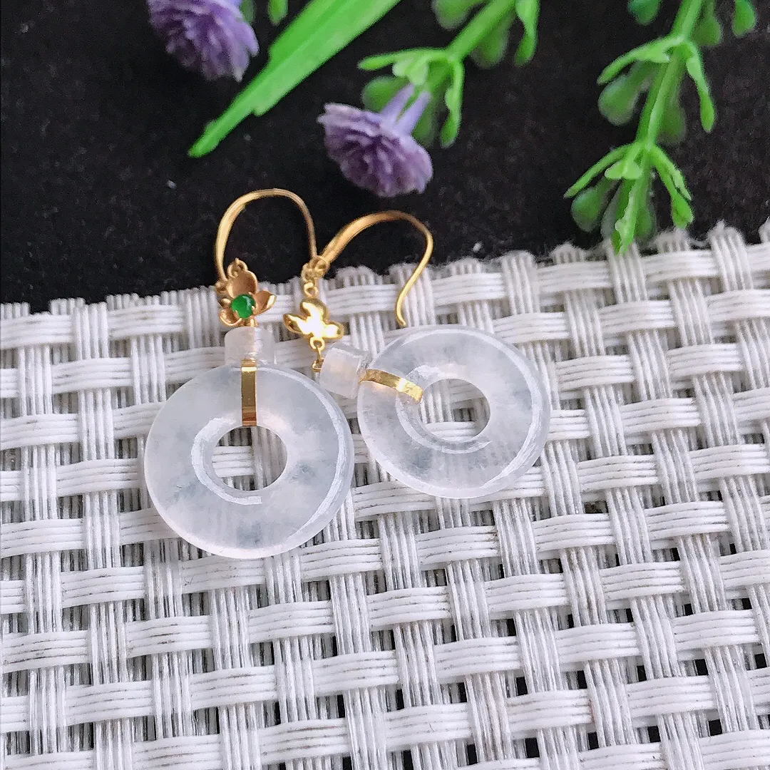 天然a货翡翠14.9/2.8老坑18k金镶嵌冰种白冰平安扣耳坠翡翠玉