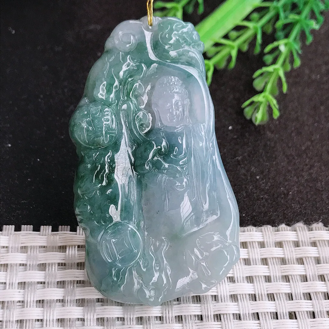 天然a货翡翠60.8/34.6/6.3老坑冰润起胶飘花阿弥陀佛吊坠翡翠玉挂件