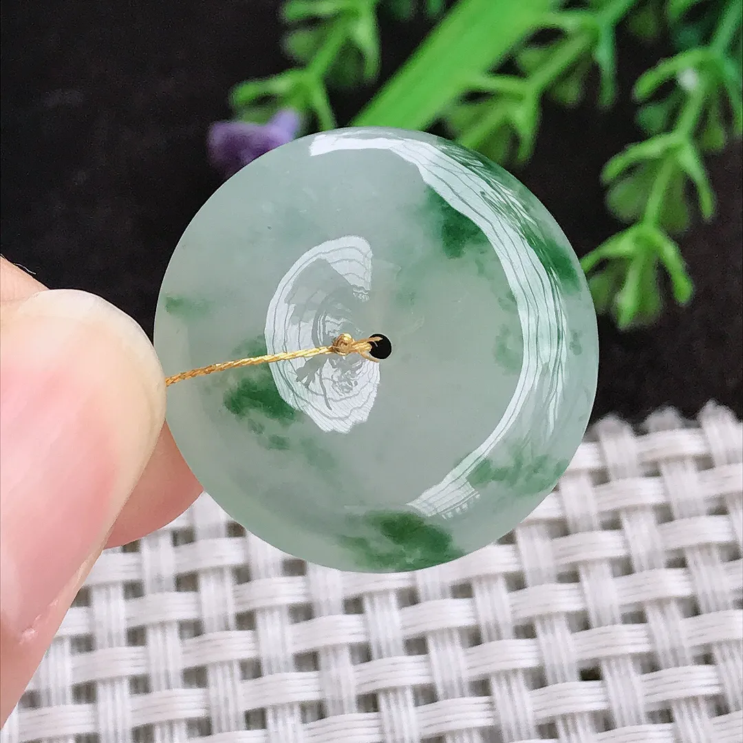 天然a货翡翠26.1/6.3老坑冰胶果冻飘花平安扣吊坠翡翠玉扣挂件