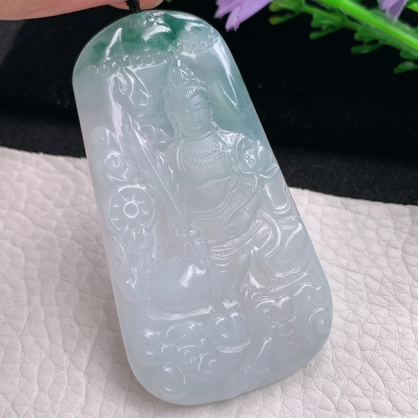 kh自然光67.5*34.3*5.5天然缅甸翡翠冰飘花虚空藏玉吊坠 玉挂件