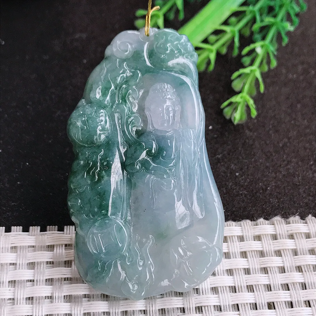 天然a货翡翠60.8/34.6/6.3老坑冰润起胶飘花阿弥陀佛吊坠翡翠玉挂件