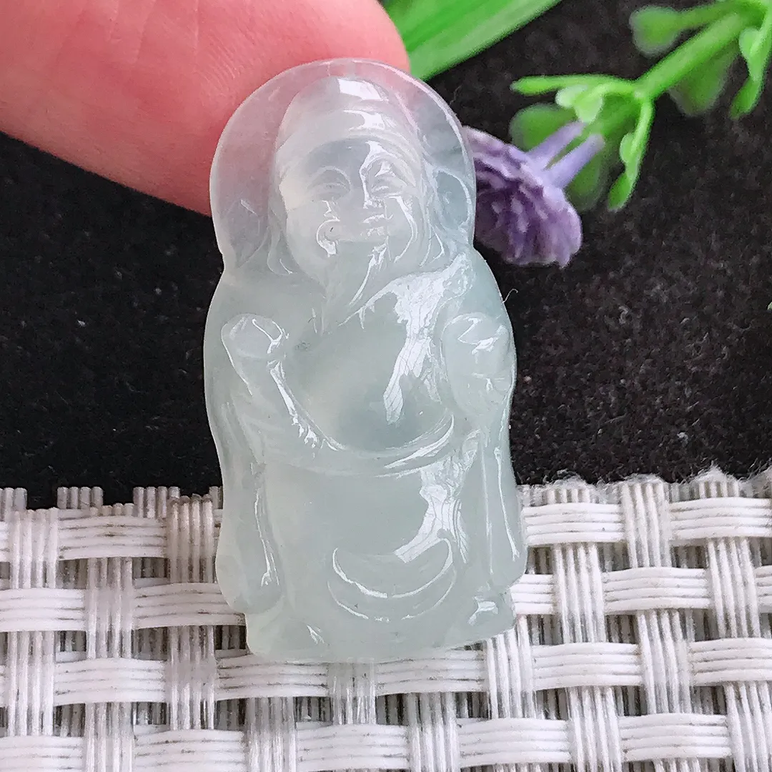 天然a货翡翠31.2/16.3/6老坑冰种起胶小财神爷吊坠翡翠玉挂件