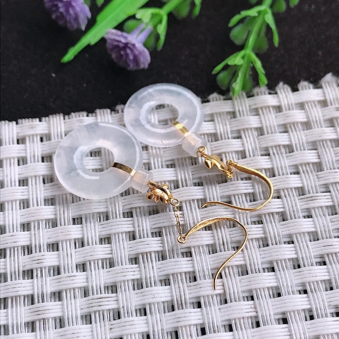 天然a货翡翠14.9/2.8老坑18k金镶嵌冰种白冰平安扣耳坠翡翠玉