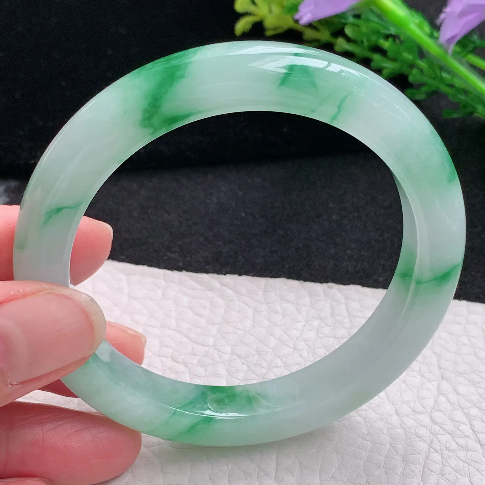 yh自然光57.5*10.5*9.2平安镯 缅甸翡翠a货玉手镯冰飘绿花宽边玉手环