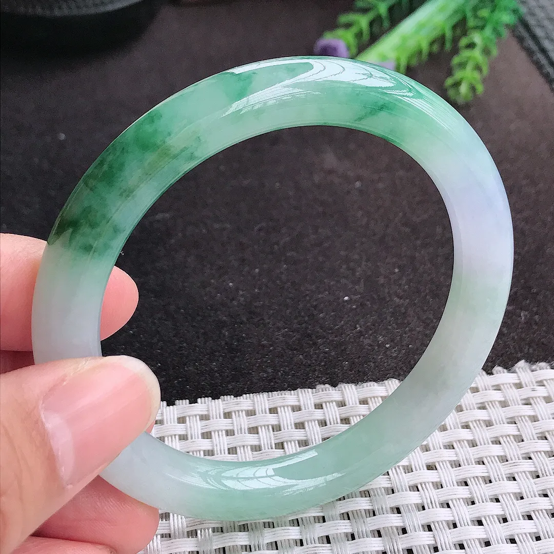 天然A货翡翠56.8/9.2老坑冰胶果冻冰飘花圆条手镯玉手镯