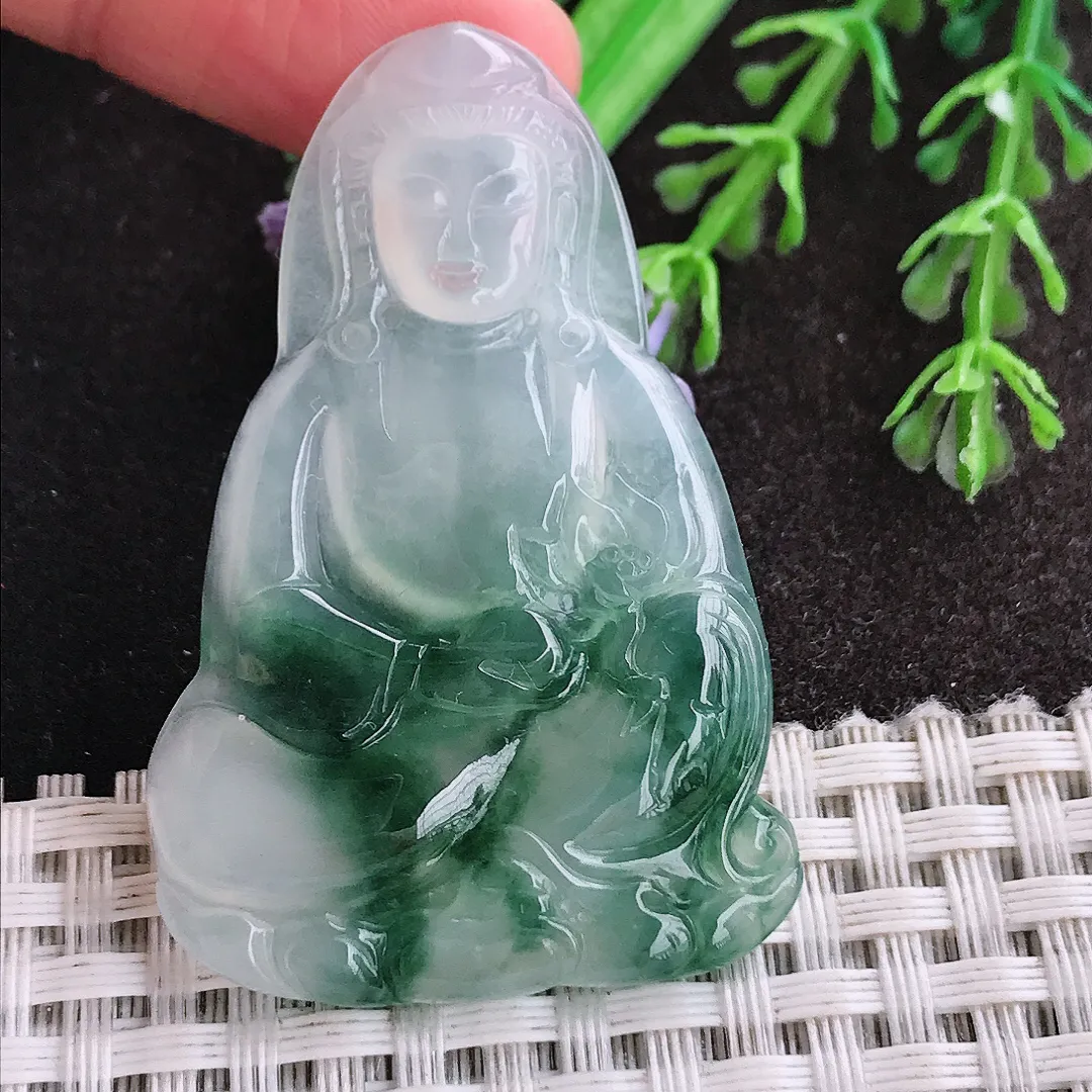 天然a货翡翠49/33/4.2老坑冰胶果冻冰飘花赐福观音吊坠翡翠玉挂件