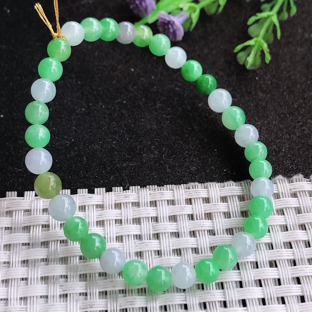 天然a货翡翠5.5/34颗老坑冰胶水灵飘阳绿圆珠手链小米珠手串