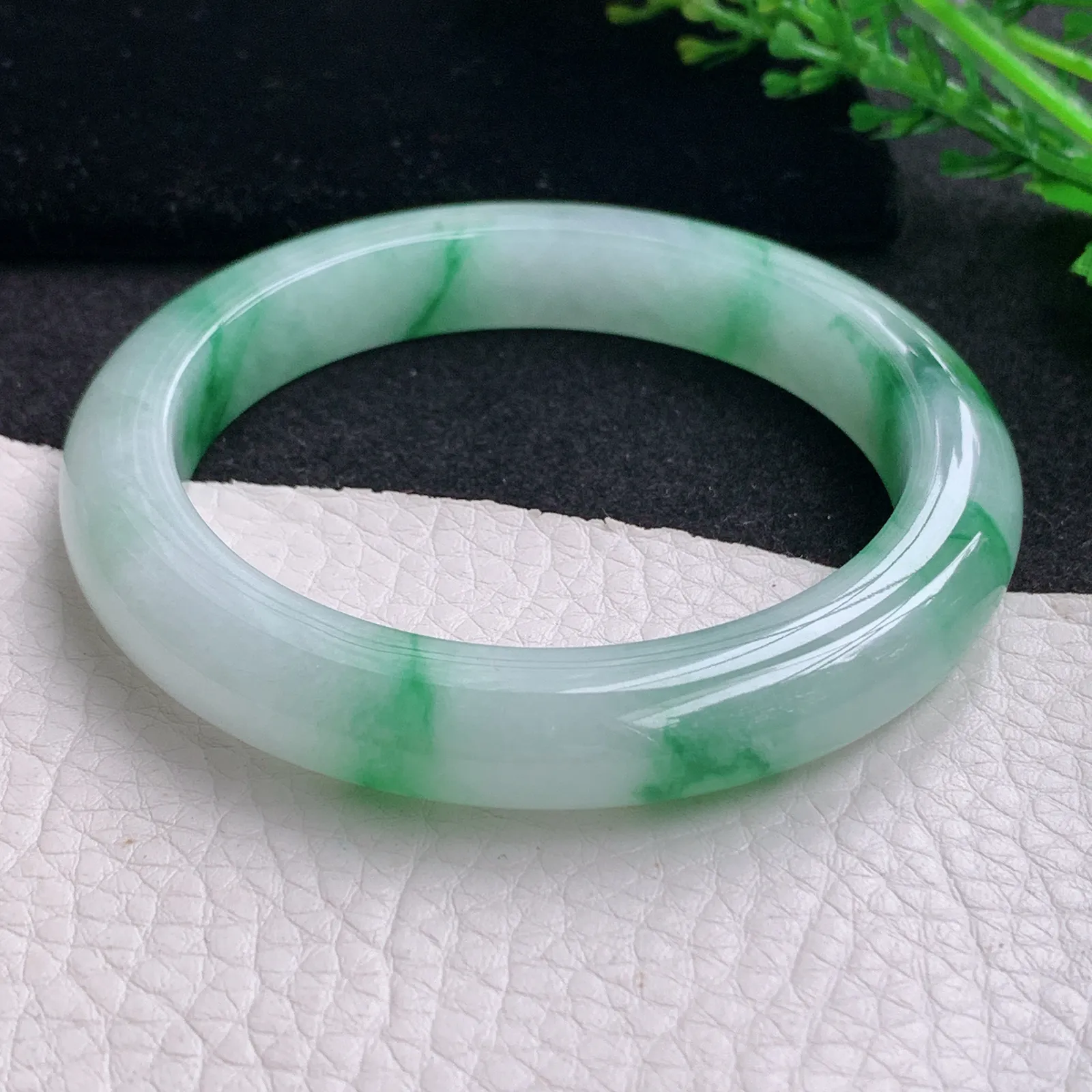 yh自然光57.5*10.5*9.2平安镯 缅甸翡翠a货玉手镯冰飘绿花宽边玉手环