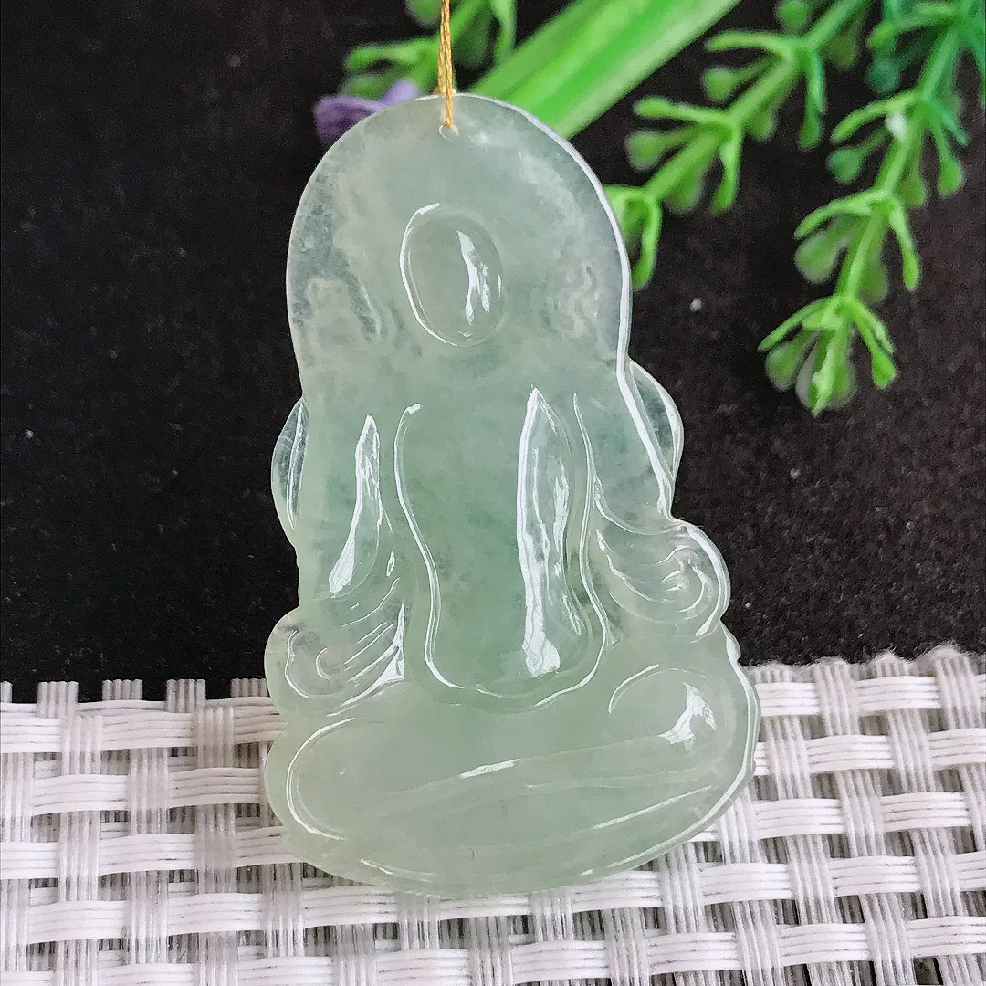 天然a货翡翠49/30.8/6老坑冰胶水灵冰晴绿渡母菩萨吊坠翡翠玉挂件