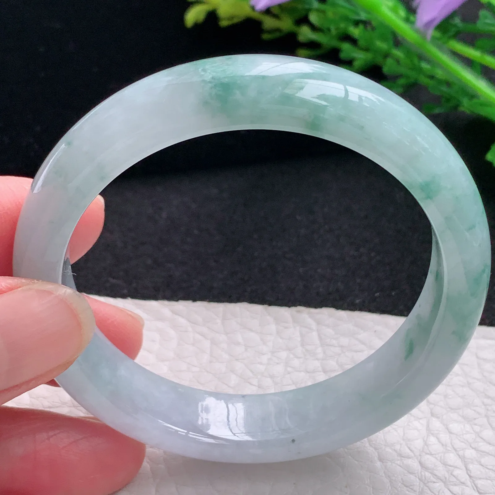 z自然光53.5*12.3*7.3平安镯 缅甸翡翠a货玉手镯飘花宽边玉手环